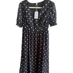 Made‎ With Love NWT Woman’s Large Lined Black Polka Dot Maxi Dress Elastic Waist